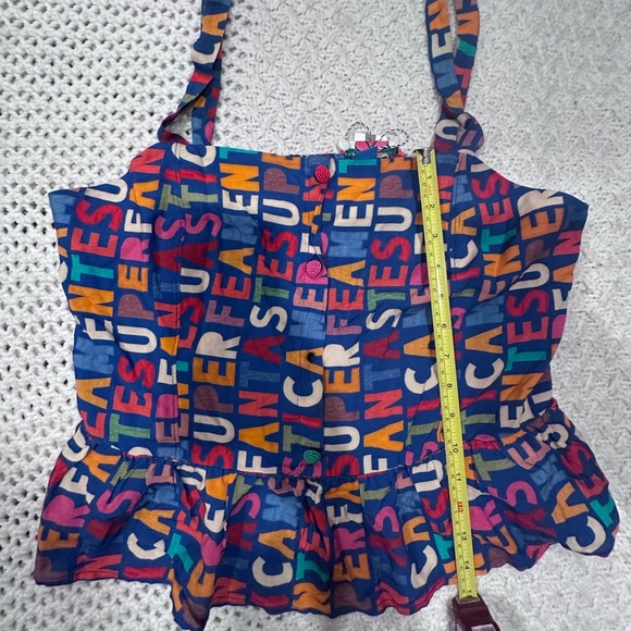 NWT Farm Rio Anthropologie Fantastic Peplum Ruffle Multi Color Top Sz L - Picture 9 of 12